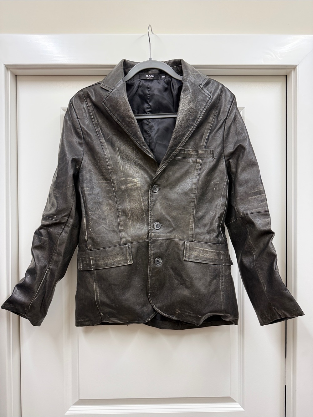 Jaded London Distressed Faux Leather 3 Button Blazer Jacket Washed Black XXS